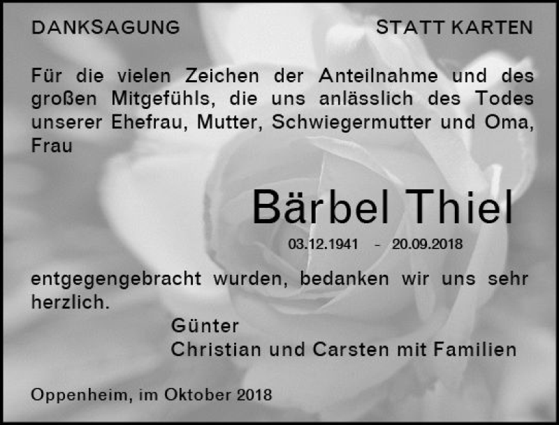  Traueranzeige für Bärbel Thiel vom 20.10.2018 aus vrm-trauer