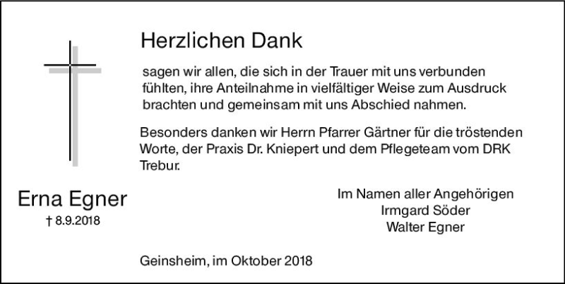  Traueranzeige für Erna Egner vom 17.10.2018 aus vrm-trauer