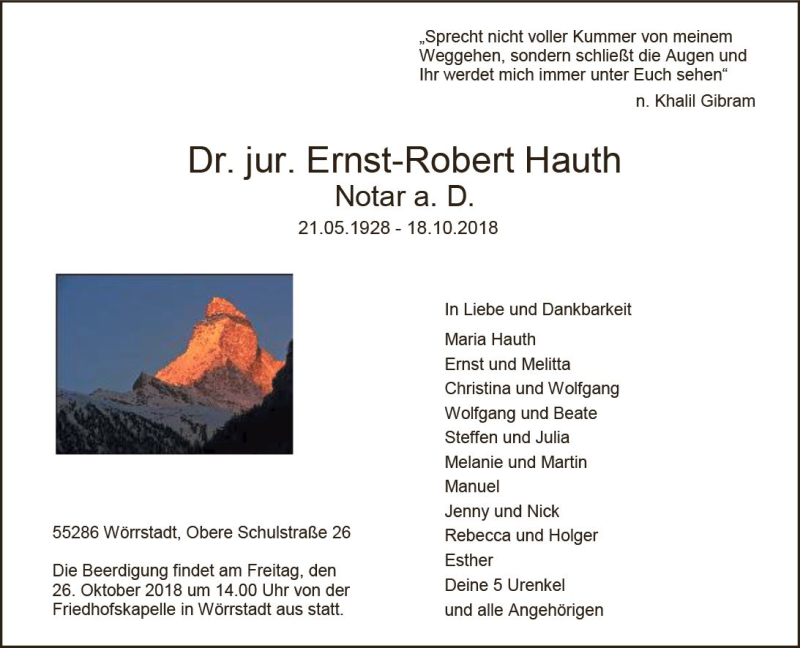  Traueranzeige für Ernst-Robert Hauth vom 23.10.2018 aus vrm-trauer