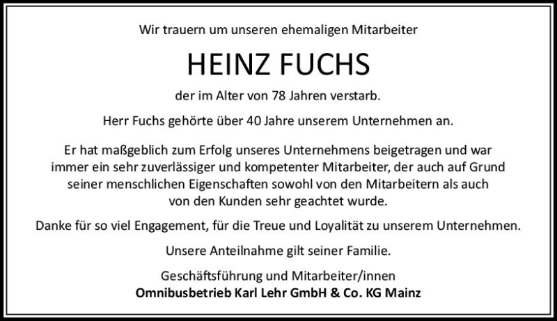  Traueranzeige für Heinz Fuchs vom 17.10.2018 aus vrm-trauer