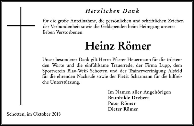  Traueranzeige für Heinz Römer vom 06.10.2018 aus  Kreisanzeiger