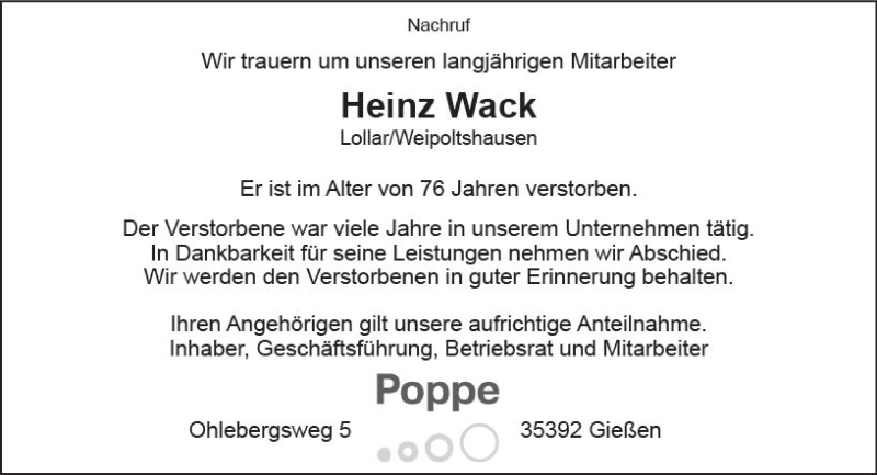  Traueranzeige für Heinz Wack vom 09.10.2018 aus  Gießener Anzeiger