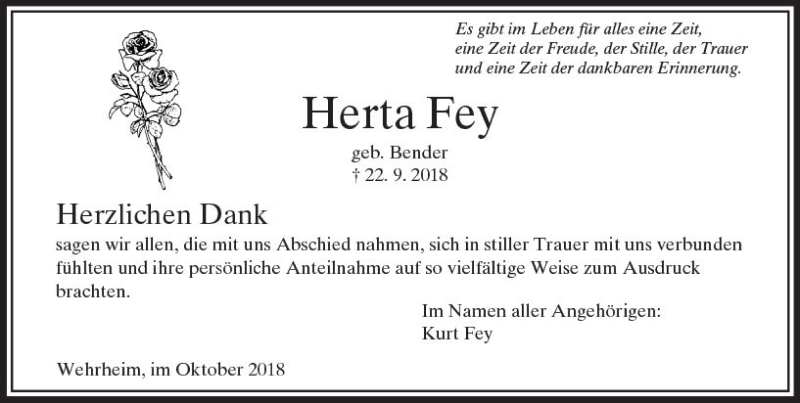 Traueranzeige für Herta Fey vom 27.10.2018 aus  Usinger Anzeiger