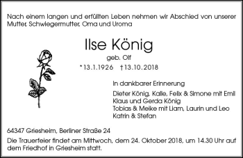 Traueranzeige von Ilse König von vrm-trauer