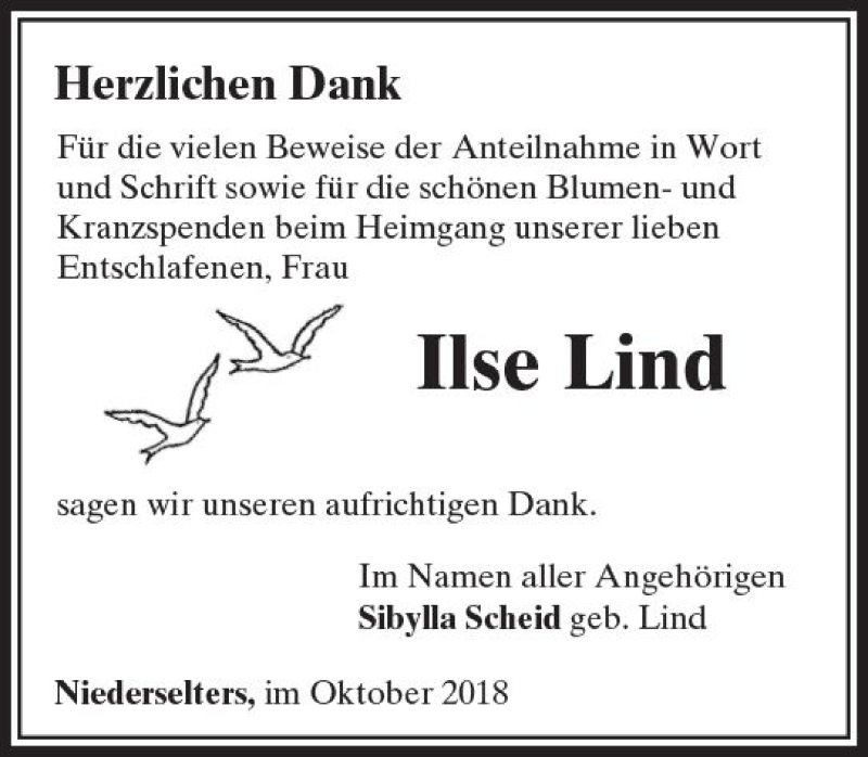  Traueranzeige für Ilse Lind vom 11.10.2018 aus  Camberger Anzeiger