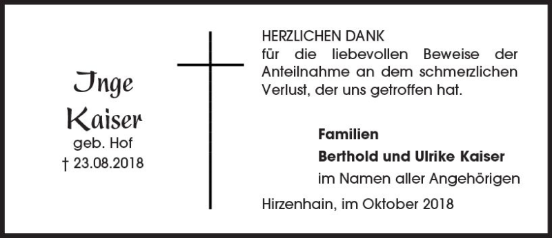  Traueranzeige für Inge Kaiser vom 13.10.2018 aus  Kreisanzeiger
