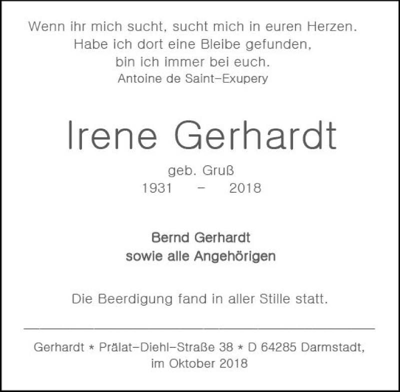  Traueranzeige für Irene Gerhardt vom 24.10.2018 aus vrm-trauer