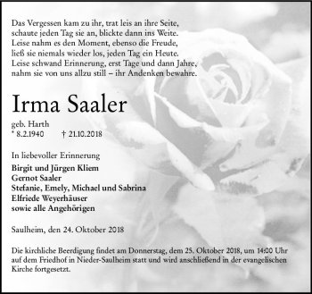 Traueranzeige von Irma Saaler von vrm-trauer