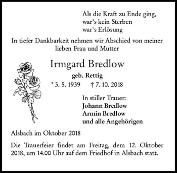 Traueranzeige von Irmgard Bredlow von vrm-trauer