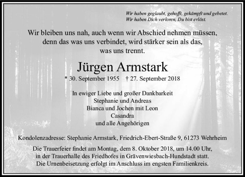  Traueranzeige für Jürgen Armstark vom 04.10.2018 aus  Usinger Anzeiger