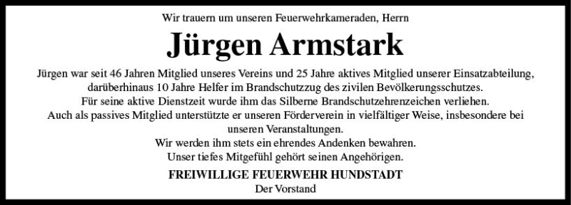  Traueranzeige für Jürgen Armstark vom 04.10.2018 aus  Usinger Anzeiger