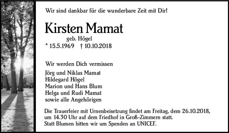  Traueranzeige für Kirsten Mamat vom 20.10.2018 aus vrm-trauer
