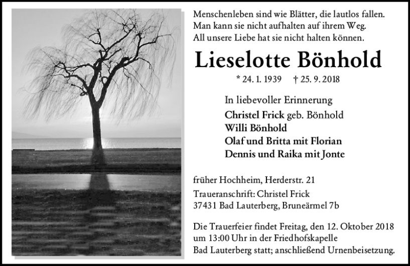  Traueranzeige für Lieselotte Bönhold vom 05.10.2018 aus vrm-trauer
