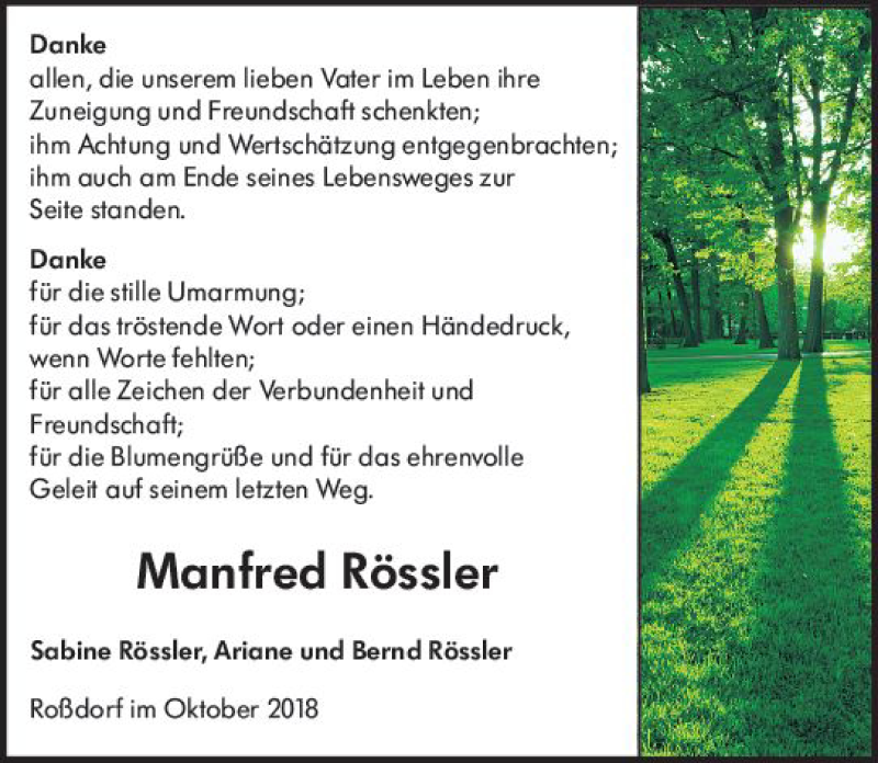  Traueranzeige für Manfred Rössler vom 20.10.2018 aus vrm-trauer