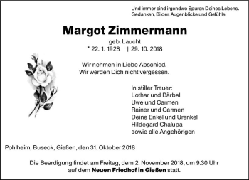 Traueranzeige von Margot Zimmermann von  Gießener Anzeiger