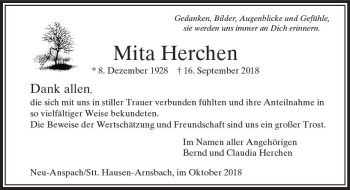 Traueranzeige von Mita Herchen von  Usinger Anzeiger