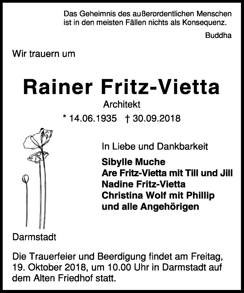  Traueranzeige für Rainer Fritz-Vietta vom 13.10.2018 aus vrm-trauer