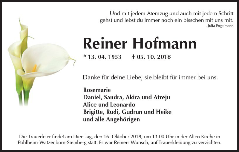  Traueranzeige für Reiner Hofmann vom 13.10.2018 aus  Gießener Anzeiger