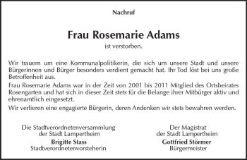 Traueranzeige von Rosemarie Adams von vrm-trauer