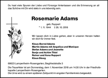 Traueranzeige von Rosemarie Adams von vrm-trauer