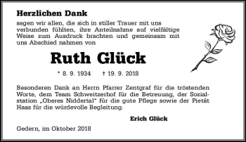 Traueranzeige von Ruth Glück von  Kreisanzeiger