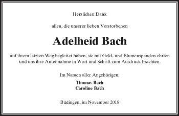 Traueranzeige von Adelheid Bach von  Kreisanzeiger