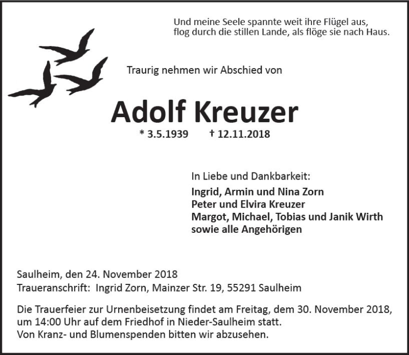  Traueranzeige für Adolf Kreuzer vom 24.11.2018 aus vrm-trauer