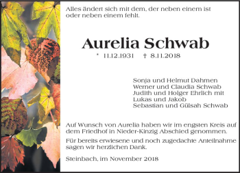 Traueranzeige von Aurelia Schwab von vrm-trauer