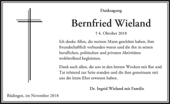 Traueranzeige von Bernfried Wieland von  Kreisanzeiger