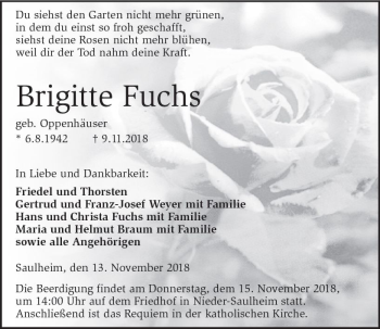 Traueranzeige von Brigitte Fuchs von vrm-trauer