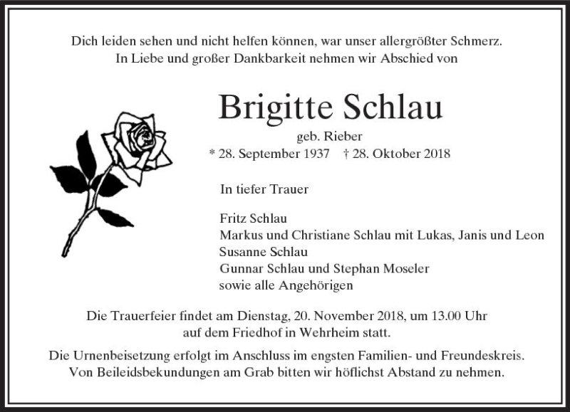  Traueranzeige für Brigitte Schlau vom 06.11.2018 aus  Usinger Anzeiger