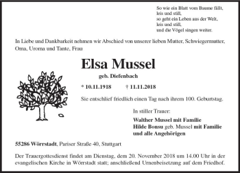 Traueranzeige von Elsa Mussel von vrm-trauer