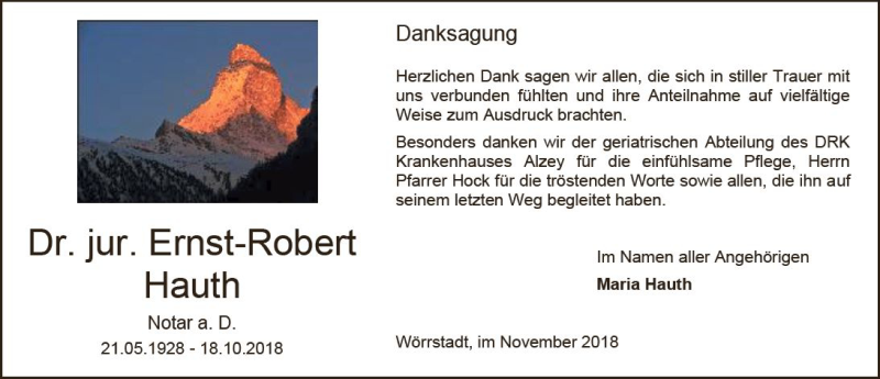 Traueranzeige für Ernst-Robert Hauth vom 24.11.2018 aus vrm-trauer