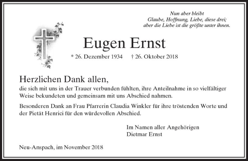  Traueranzeige für Eugen Ernst vom 24.11.2018 aus  Usinger Anzeiger