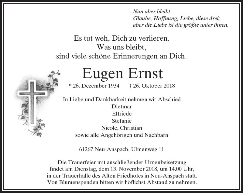  Traueranzeige für Eugen Ernst vom 03.11.2018 aus  Usinger Anzeiger