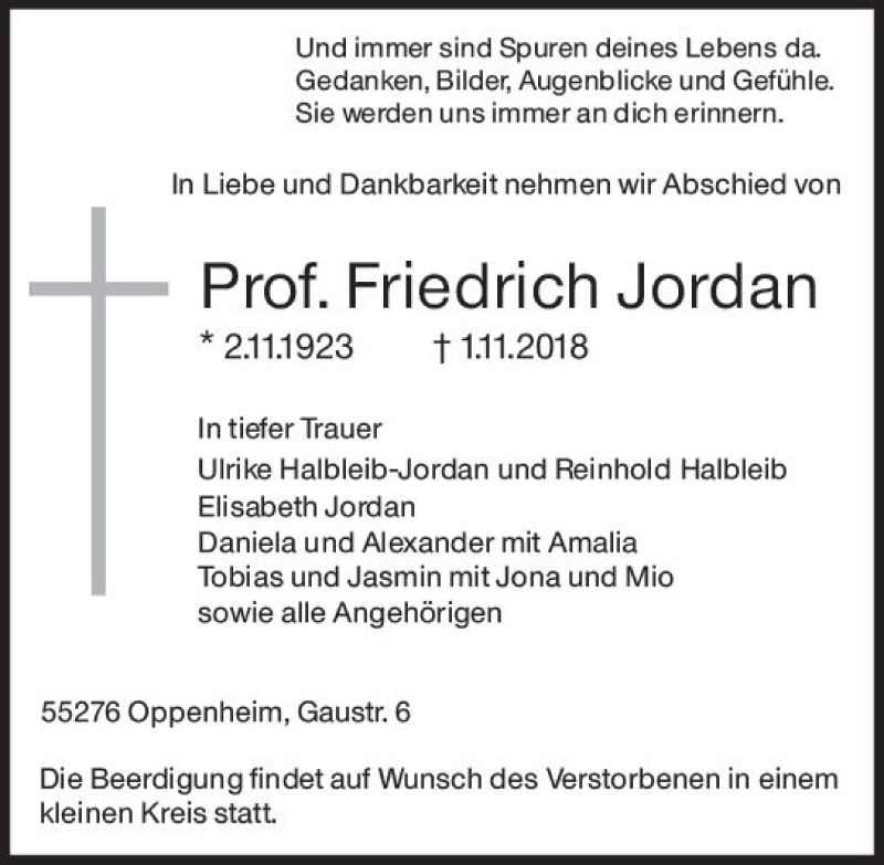  Traueranzeige für Friedrich Jordan vom 06.11.2018 aus vrm-trauer