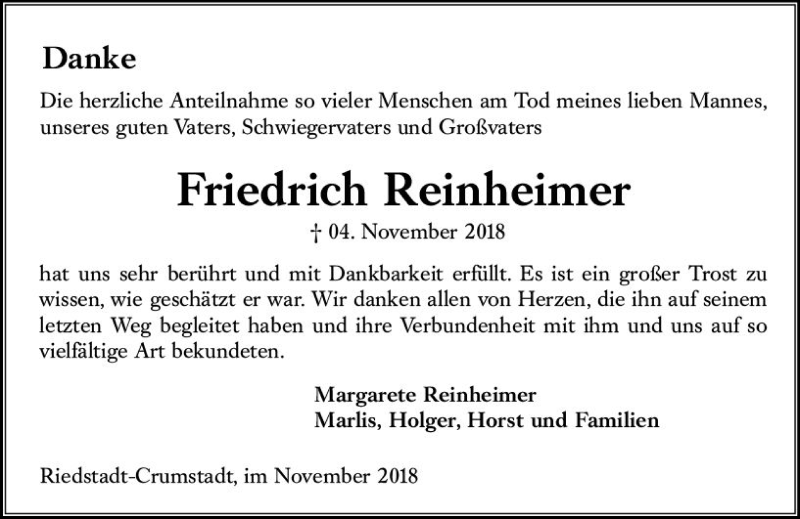  Traueranzeige für Friedrich Reinheimer vom 24.11.2018 aus vrm-trauer