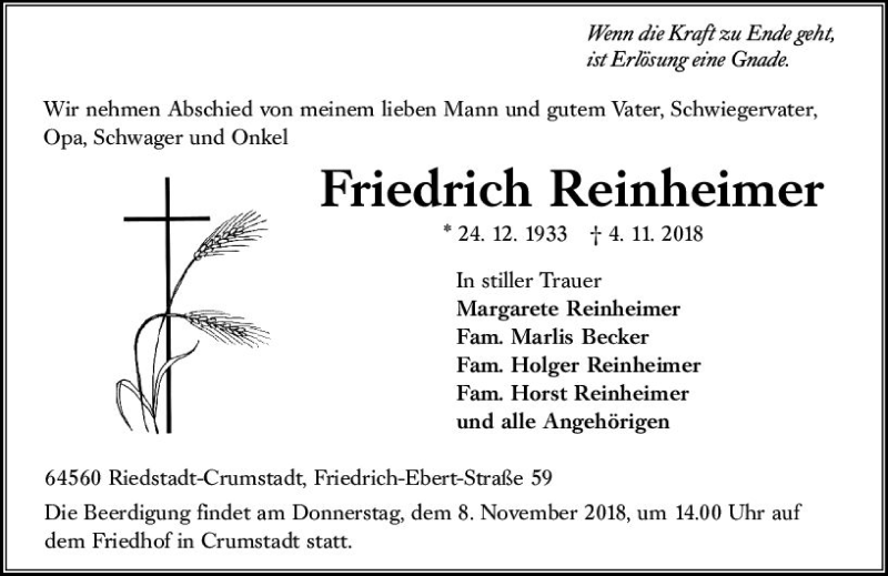  Traueranzeige für Friedrich Reinheimer vom 06.11.2018 aus vrm-trauer