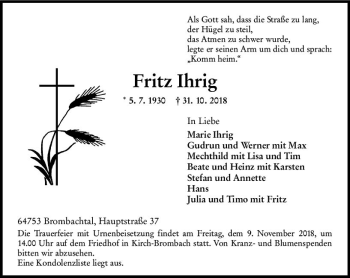 Traueranzeige von Fritz Ihrig von vrm-trauer