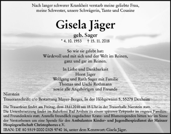 Traueranzeige von Gisela Jäger von vrm-trauer