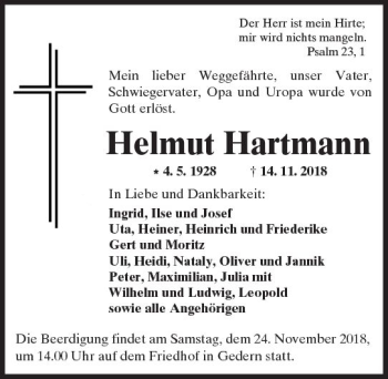 Traueranzeige von Helmut Hartmann von  Kreisanzeiger