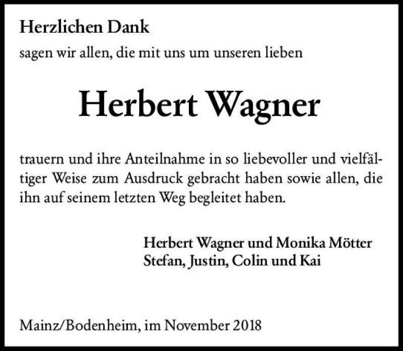  Traueranzeige für Herbert Wagner vom 24.11.2018 aus vrm-trauer