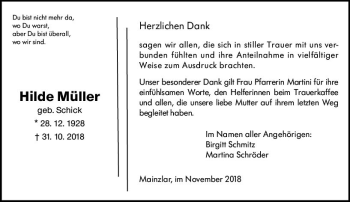 Traueranzeige von Hilde Müller von  Gießener Anzeiger