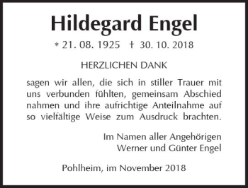 Traueranzeige von Hildegard Engel von  Gießener Anzeiger