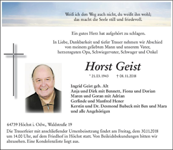 Traueranzeige von Horst Geist von vrm-trauer