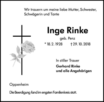 Traueranzeige von Inge Rinke von vrm-trauer