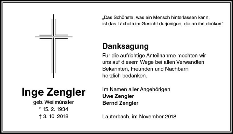  Traueranzeige für Inge Zengler vom 17.11.2018 aus VRM Trauer