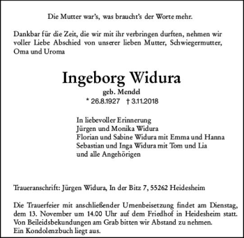 Traueranzeige von Ingeborg Widura von vrm-trauer