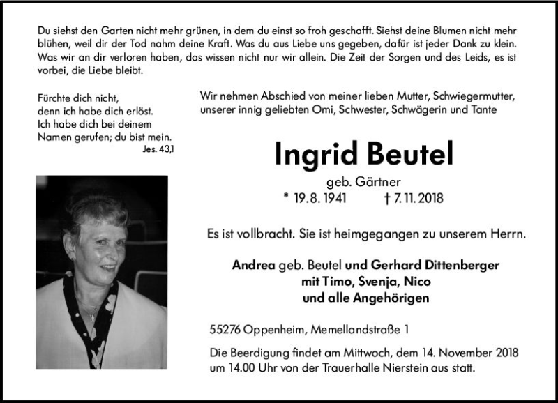  Traueranzeige für Ingrid Beutel vom 10.11.2018 aus vrm-trauer
