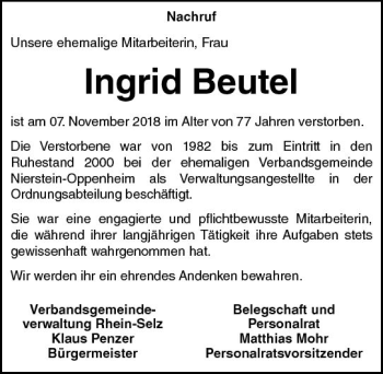 Traueranzeige von Ingrid Beutel von vrm-trauer